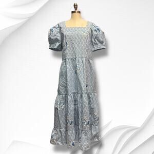 Maxi Dress Akebono Japanese Print Size XL White Blue Wave Pattern Cotton